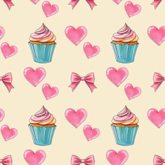 Hearts and Sweet Cupcakes with Pink Bow Seamless Pattern on Pastel Yellow Background