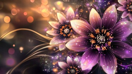 Obraz premium Glowing Purple Fantasy Flowers: A digital art piece depicting radiant, purple flowers with golden centers, set against a bokeh background. The image conveys a magical, dreamy atmosphere.