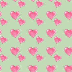 Hearts Seamless Pattern on Pastel Green Background