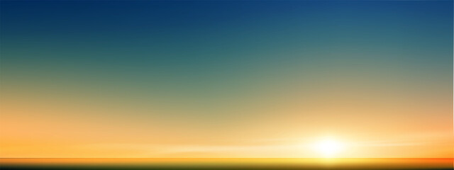 Sunset, Sky blue background,Summer sundown,clear sky in orange,yellow over sea beach.Vector cartoon nature background Sunrise sky,bright Sunlight,Horizon landscape Golden hour dramatic dusk sky