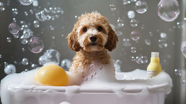 Cavaco (Cavalier King Charles Spaniel and Poodle mix) sitting in bubbly bath surrounded by soap bubbles, grooming products, yellow sponge. soft, neutral tones with reflective soap bubble highlights.