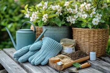 Fototapeta premium Gardening Tools and Supplies on Wooden Table 