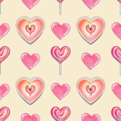 Pink Heart Lollipops and Hearts with Hearts Candle Seamless Pattern on Pastel Yellow Background