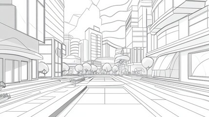 3D illustration abstract modern urban building out-line black and white drawing of imagination architecture building construction perspective design.