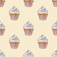 Rainbow Sweet Cupcakes Seamless Pattern on Pastel Yellow Background