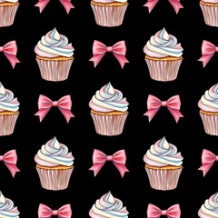 Rainbow Sweet Cupcakes with Pink Bow Seamless Pattern on Black Background