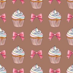 Rainbow Sweet Cupcakes with Pink Bow Seamless Pattern on Mocha Mousse Background