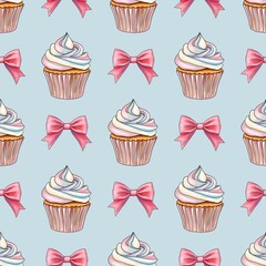 Rainbow Sweet Cupcakes with Pink Bow Seamless Pattern on Pastel Blue Background