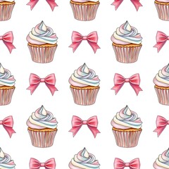 Rainbow Sweet Cupcakes with Pink Bow Seamless Pattern on White Background