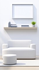 Minimalist white room serene soft light cozy seating arrangement. AI Generated
