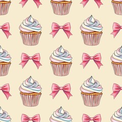 Rainbow Sweet Cupcakes with Pink Bow Seamless Pattern on Pastel Yellow Background