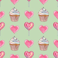 Rainbow Sweet Cupcakes with Pink Heart and Pink Heart Lollipops Seamless Pattern on Pastel Green Background