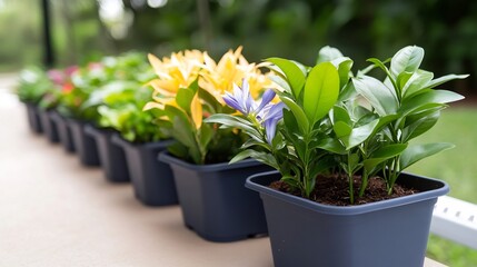 Vibrant flowers bloom brightly in dark pots soft sunlight enhances lush greenery. AI Generated