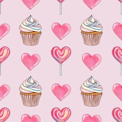 Rainbow Sweet Cupcakes with Pink Heart and Pink Heart Lollipops Seamless Pattern on Pastel Pink Background