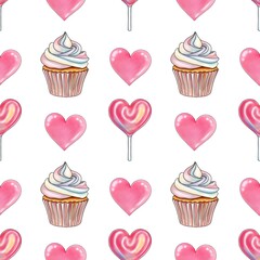 Rainbow Sweet Cupcakes with Pink Heart and Pink Heart Lollipops on White Background