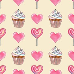 Rainbow Sweet Cupcakes with Pink Heart and Pink Heart Lollipops Seamless Pattern on Pastel Yellow Background