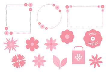 Set of spring flower icons and sale design elements. Pink organic environment badges and frames. Ecology sticker collection isolated on transparent background