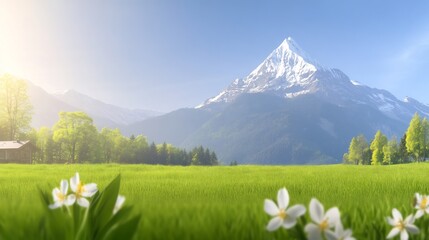 Fototapeta premium Serene mountain vista bathed in warm sunlight green meadow wildflowers. AI Generated