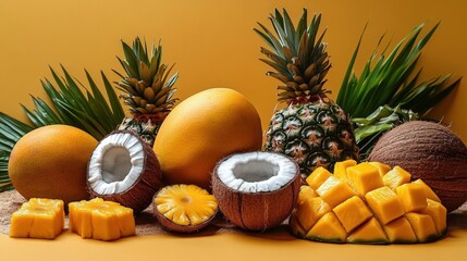 A vibrant still life featuring ripe mangoes, pineapples, and coconuts arranged on a sandy surface against a warm yellow background