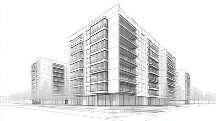 3D illustration abstract modern urban building out-line black and white drawing of imagination architecture building construction perspective design.