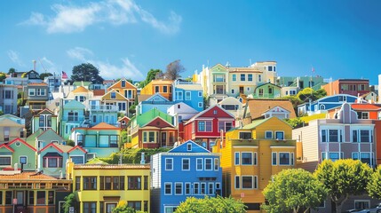 Fototapeta premium A colorful row of houses on a hillside in a sunny city.