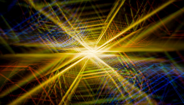 Vibrant 3D render of interconnected light beams in abstract design