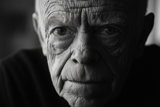 Portrait of an elderly man with deep wrinkles, conveying wisdom and experience, taken in a dimly lit indoor setting. Generative AI - Powered by Adobe
