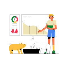 Farmer Feeding Pigs With Farming Data On Screen In Flat Vector Illustration Symbolizing Livestock Farming, Data Driven Agriculture, And Sustainable Practices, Isolated On White Background.
