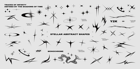 Deformed stars, y2k blings, abstract sharp lines, spikes, cybersigilism, tribal elements, various distorted stars, rave burst. Collage retrofuturistic tribal cosmos elements. Vector graphic set