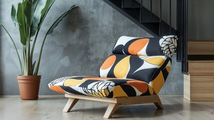 Generative AI, Bold Modern Lounge: Geometric Designs, Vibrant Colors, and Natural Accents in a Contemporary Setting