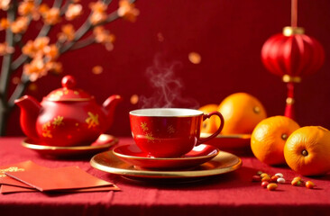 Fototapeta premium A vibrant red tea set rests on a table with oranges and decorations, creating a festive atmosphere.
