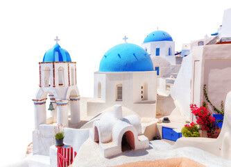 Traditional blue domes of Santorini island, Greece cut out on transparent white png