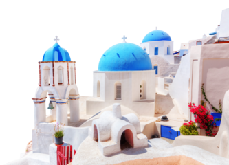 Traditional blue domes of Santorini island, Greece cut out on transparent white png