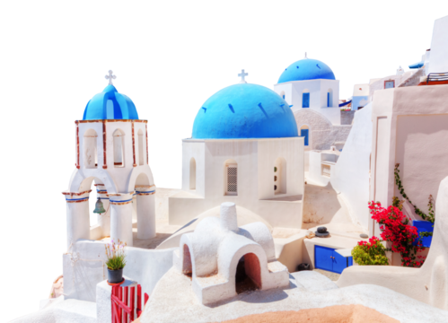 Traditional blue domes of Santorini island, Greece cut out on transparent white png
