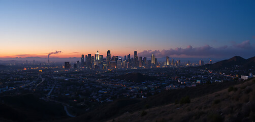 Obraz premium City Skyline Glowing at Dusk with High-rises, Traffic and Distant