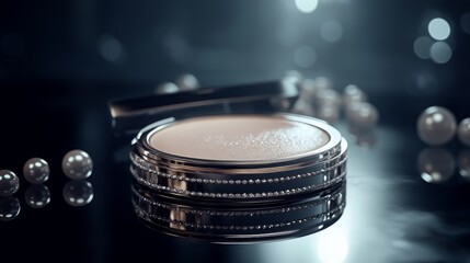 Elegant pearl-encrusted compact case on glossy surface