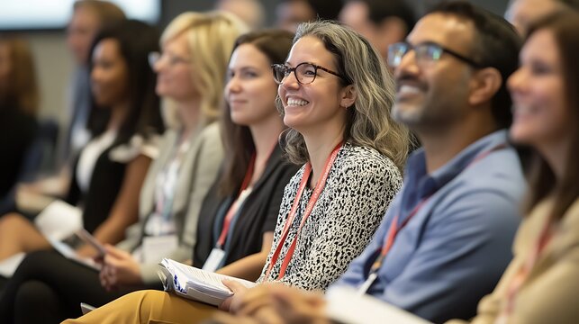 Diverse audience attentively listening to a presentation, smiling and engaged. - Powered by Adobe