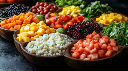 A vibrant array of fresh salad ingredients: mango, papaya, tomato, rice, beans, berries, and kale arranged in wooden bowls