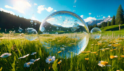 Abstract spring flower landscape scene with water bubbles. 3d rendering.