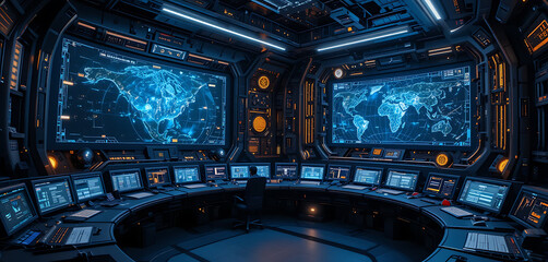Operators Monitor Global Maps in High-tech Control Room with Screens