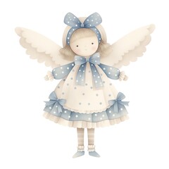 Girl angel doll with wings, children's toy , blue and white color, kids illustration, cartoon art style, white background,