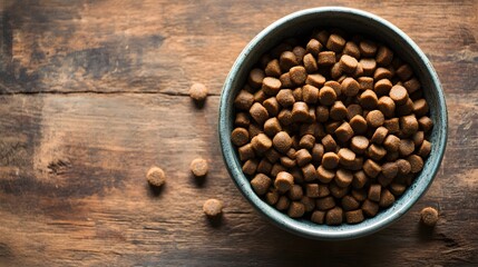 Fototapeta premium A bowl of dry pet food sits on a wooden surface