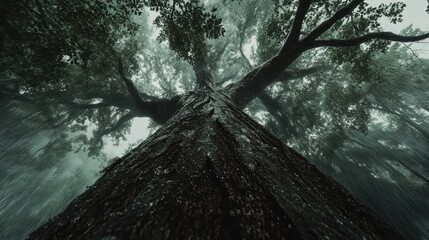Majestic Tree Viewed from Below in Dense Foggy Forest Scene