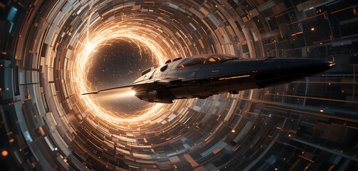 Spaceship Traveling Through Wormhole with Glowing Rings in Space