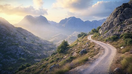 Serene Mountain Landscape with Winding Path in Soft Morning Light
