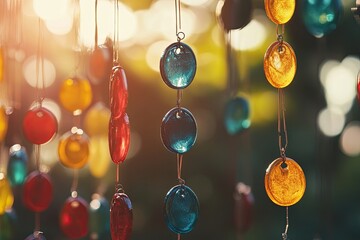 Colorful glass beads hanging outdoors in sunlight; decorative wind chime detail.