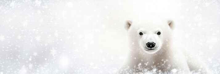 Fototapeta premium Snowy setting featuring a curious polar bear amidst falling snowflakes in a serene and cold environment. Generative AI