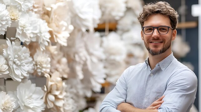 Happy man florist standing arms crossed in flower shop.