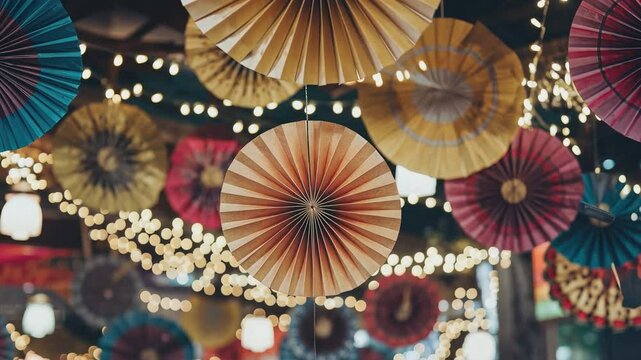 A captivating array of colorful paper rosettes and fairy lights create a festive and whimsical atmosphere