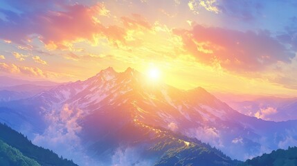 Majestic Sunrise Over Mountain Peaks with Colorful Sky Background